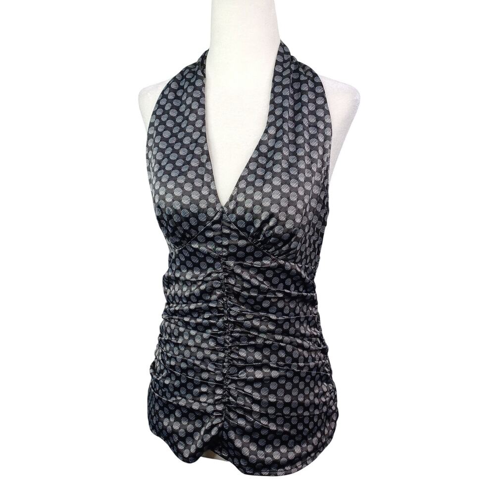 NWT Express Y2K Halter Babydoll Ruched Top Size 6 Satin Open Back Black Gray